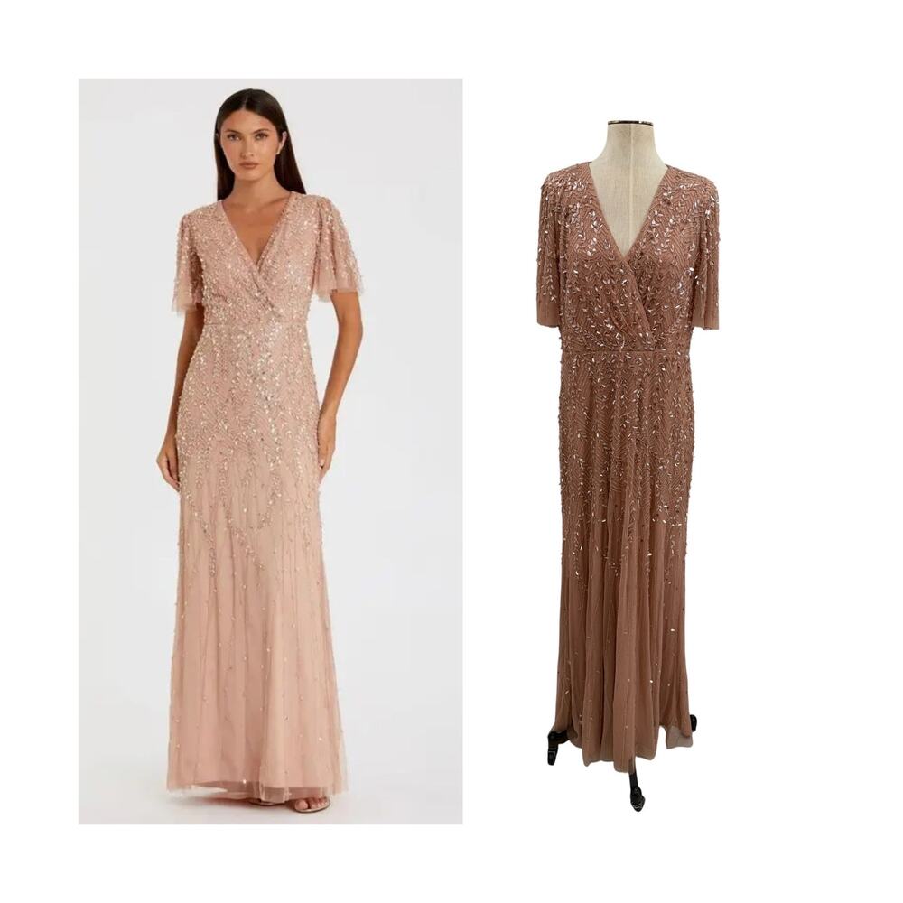 Mac Duggal Embellished Beaded Flutter Sleeve Evening Gown Nude Blush Size 12